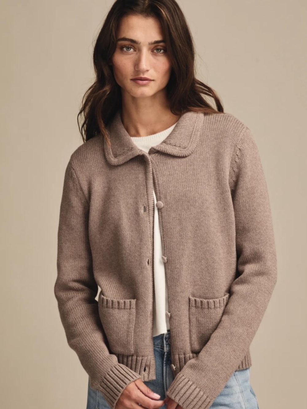 Lucky Brand NWT 100% cotton Taupe Collared Button-Up Sweater Medium
